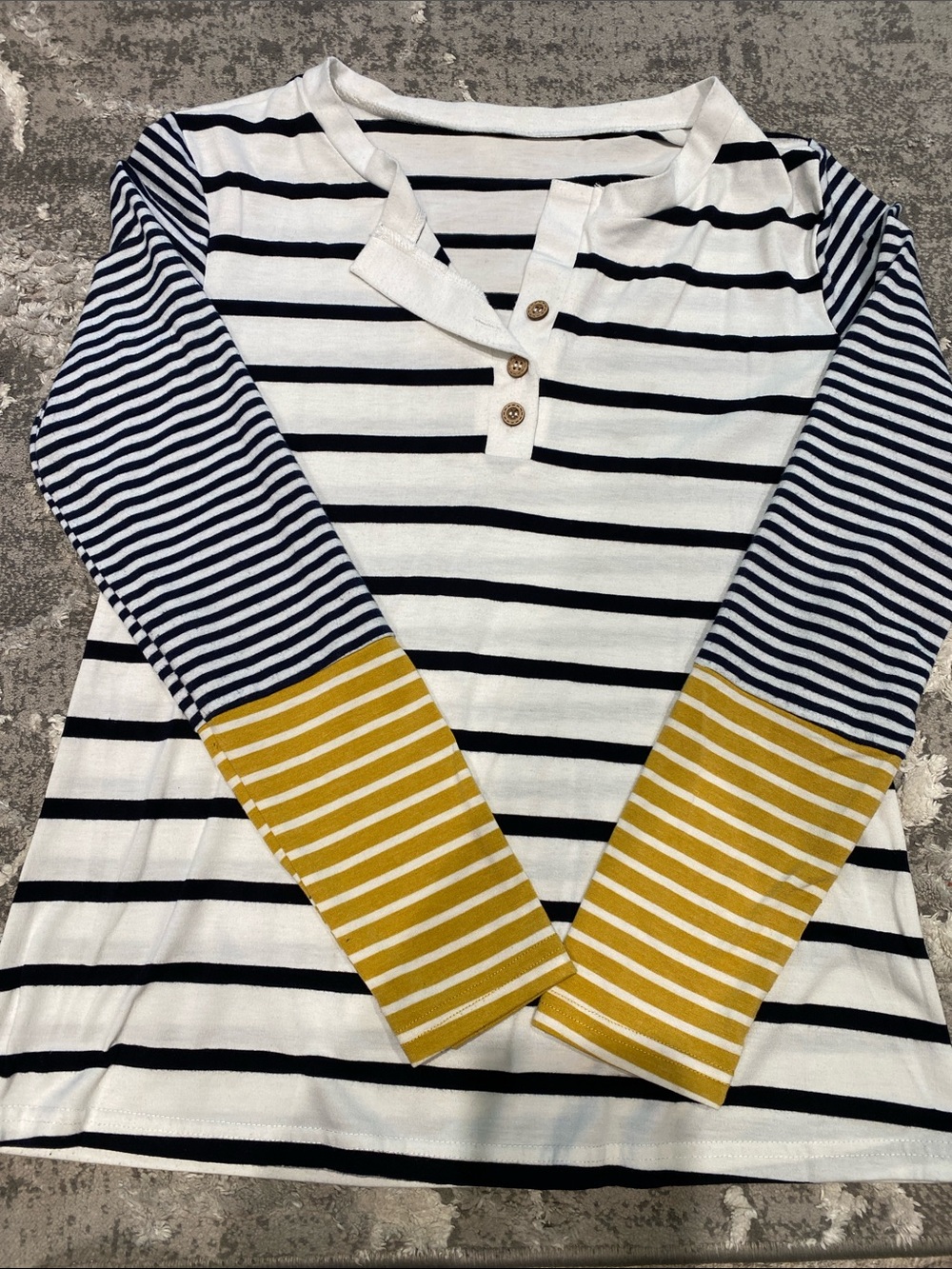Striped Long Sleeve Henley Top - White, Black & Mustard